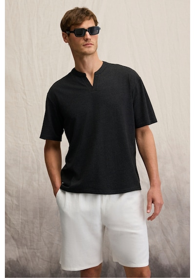 Grimelange Grımelange Tuomo Erkek Hakim Yaka Kısa Patlı Kısa Kollu Relaxed Fit Siyah T-shirt Siyah