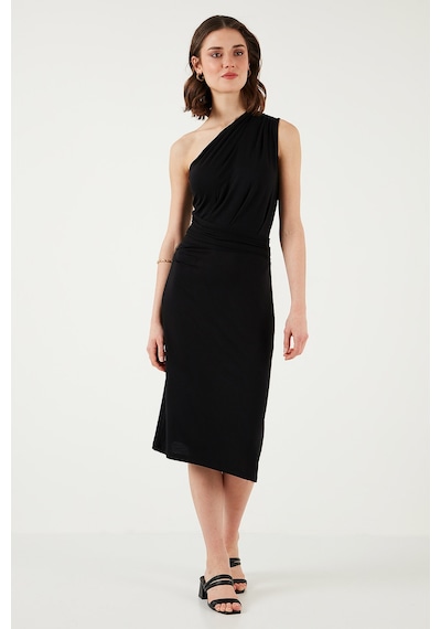 Lela Slim Fit Tek Omuzlu Yırtmaçlı Bağlama Detaylı Midi Bayan Elbise 5866272 Siyah