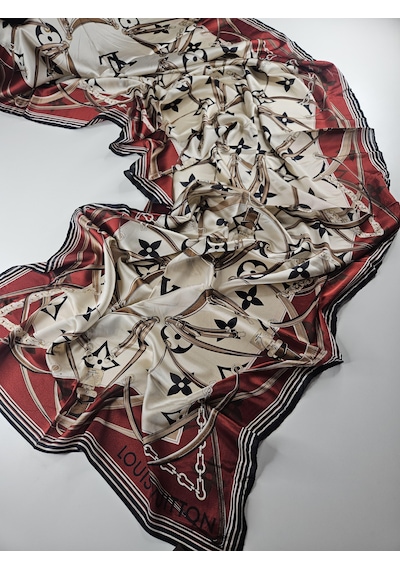 Miorel Scarfs Yeni Sezon Lv Kemer Desen Vual İpek Şal Yeni Sezon Silk Scarfs Shawl Hijab Fular Bej - Bordo