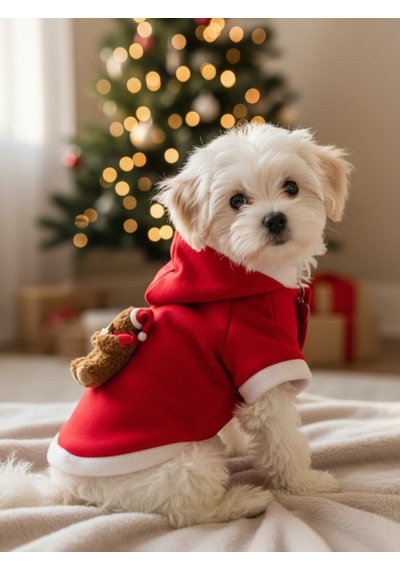 Uncle Teddy Kırmızı Xmas Köpek Kıyafeti Kapüşonlu Polar Noel Sweatshirt Küçük Irklar İçin