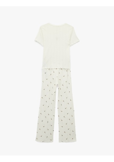 Koton Pamuklu Desenli Kısa Kollu Dokulu Pijama Takımı Beyaz 6slk40080mk