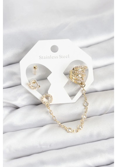 Uzay Model Pirinç Gold Renk Zincir Bağlantılı Ear Cuff Küpe Seti Diğer