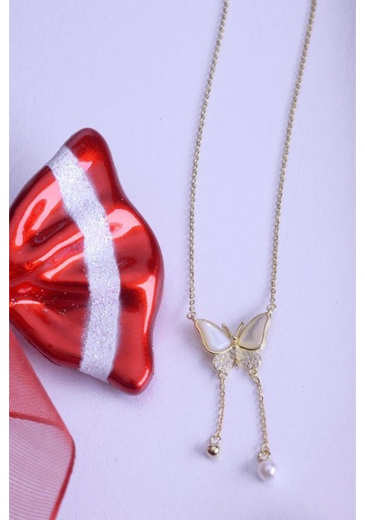 Innuendo Jewelry 925 Ayar Gümüş Sedefi İncili Taşlı Kelebek Kolye Altın