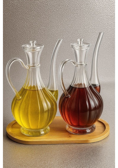 Morponi Borosilikat Cam Glorry Yağlık Ve Sirkelik Seti 700 Ml +700 Ml Bambu Standlı Çizgili Tasarım Şeffaf