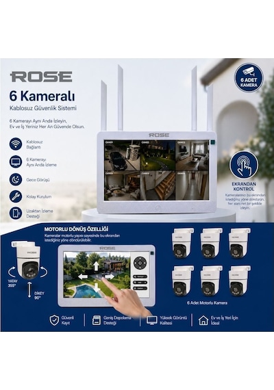 Rose 6 Ptz Kameralı 10.1'' Lcd Ekranlı Sesli Kablosuz Wifi Kamera Seti