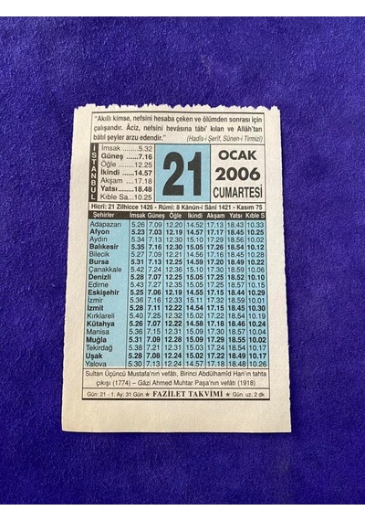 21 Ocak 2006 Takvim Yaprağı - Nostalji Koleksiyonluk Takvim Yaprağı