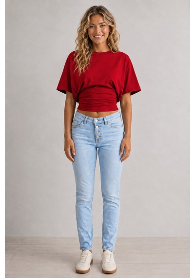 Overmax Bele Oturan Oversize Kollu Premium Crop Bluz Kırmızı - 880759104 Kırmızı