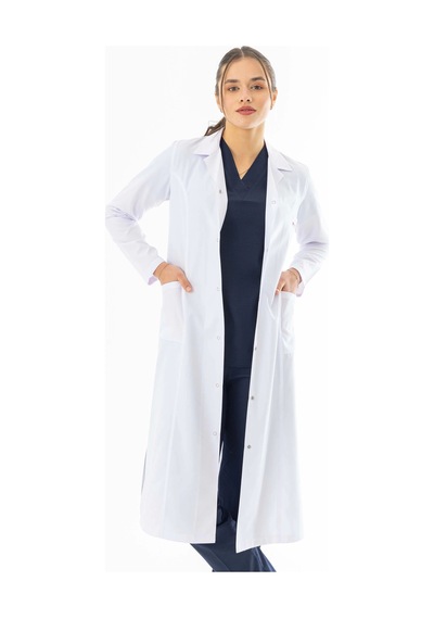 Spor Yaka Maxi Boy Kadın Doktor Önlüğü Alpaka Kumaş Beyaz Bko008 Beyaz