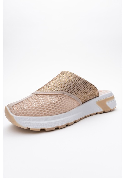 Luvishoes Glea Bej Taşlı Fileli Burnu Kapalı Kadın Terlik Bej