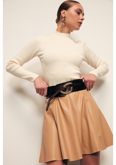 Sateen Mini Deri Etek - Camel