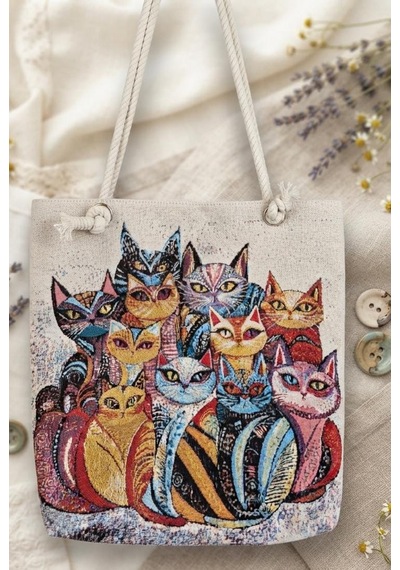 Genel Markalar Goblen Kadın Omuz Çantası+ Kedi Desen2 Krem.karışık Renkli Desenli