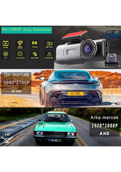 Antcam V309 4k+1080p Çift Kameralı 170 Geniş Açılı Wifi Gps Gece Görüşlü Araç İçi Kamera