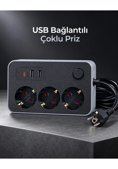 Çalışma Alanlarına Uygun Anahtarlı Usb Ve Type C Şarj Çıkışlı Kablolu Çoklu Priz 1