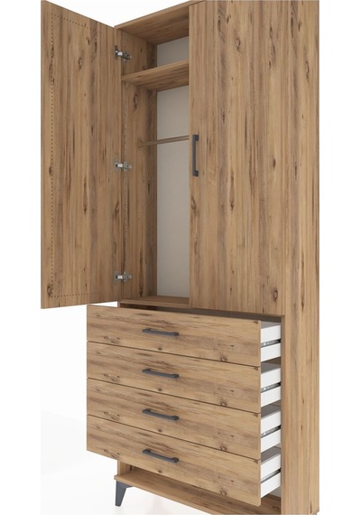 Arges Dolap 2 Raflı 4 Çekmeceli Tek Askılı 88x30x221 Çam-çam Çam