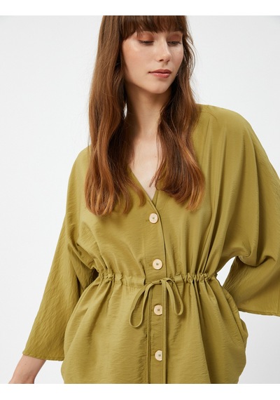 Koton Düğmeli Kimono Bluz Beli Bağlamalı Kısa Kollu Dokulu Haki 4wak50102uw