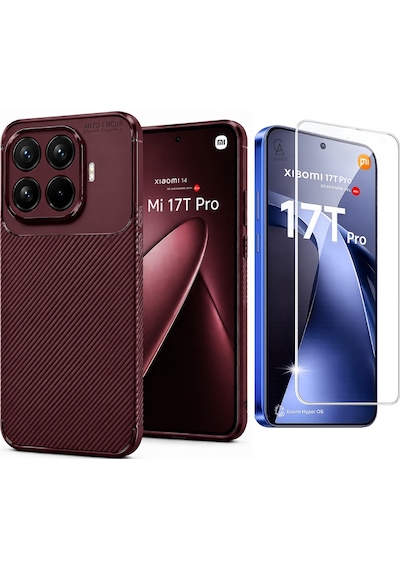 Xiaomi Mi 17t Pro İle Uyumlu Karbon Tasarım Silikon Telefon Kılıfı Ve Temperli Cam Ekran Koruyucu Bordo