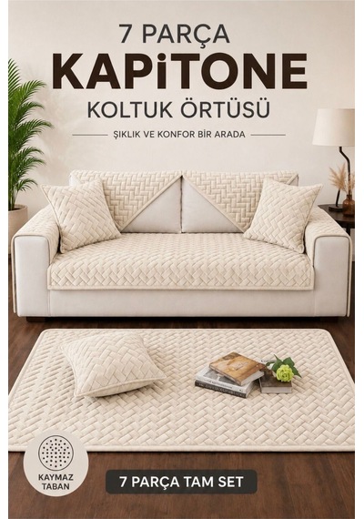 7 Parça Kaymaz Taban Kapitone 3 Lü Koltuk Çekyat Kanepe Örtüsü Krem Krem