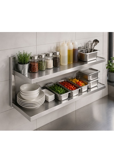 Paslanmaz Duvar Rafı, 2katlı , 100x30x50 Çelik