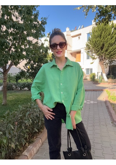 Ali Butik Yeşil Uzun Kol Keten Gömlek
