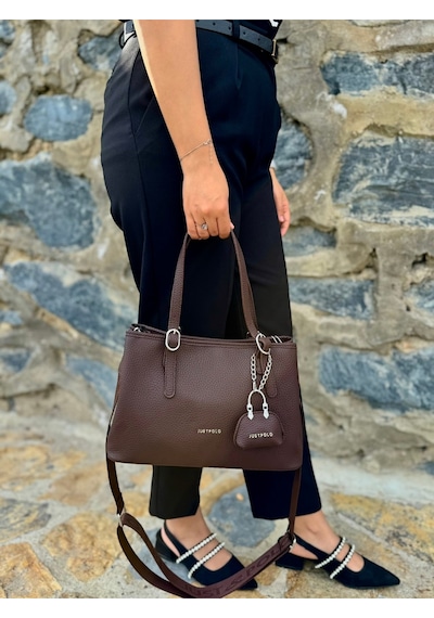 Just Polo Kadın Orijinal Just Polo Yumuşak Deri Ayarlanabilir Askılı Lüks El & Omuz Çantası Shoulder Bag Kahverengi