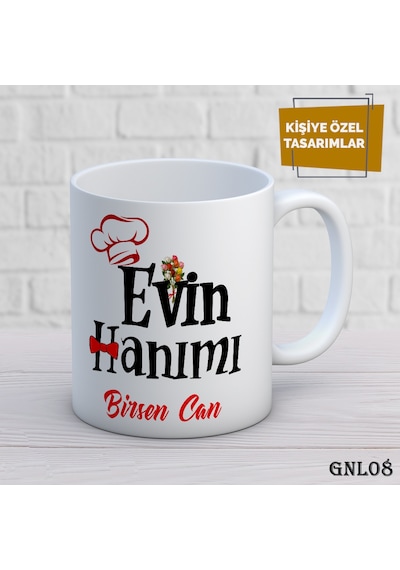 Kişiye Özel Kupa İsimli & Fotoğraflı Premium Hediye Bardak Evin Hanımı Beyaz