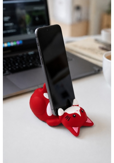Kırmızı Kedi Figürlü Telefon Tutucu Stand - 3d Baskı Ofis Masaüstü Aksesuarı Ve Biblo