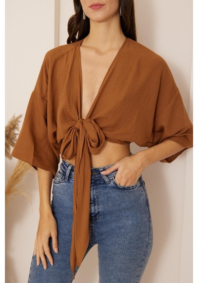 Darlin Moda Kahverengi Önden Bağlamalı Crop Kimono Dm7004 Kahverengi