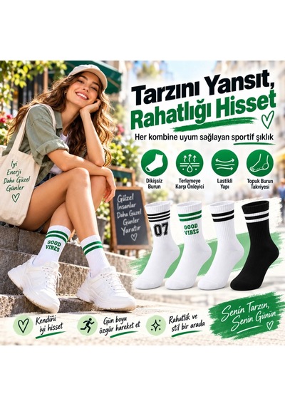 Çorap Giyim Unisex Çorap Çizgili 8'li Set 07 Good Vibes Baskılı Siyah Beyaz Uzun Soket Spor Kolej Stil Çorap Çok Renkli