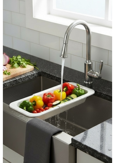 Sieve Beyaz - Pratik Ayarlanabilir Sürgülü Lavabo Süzgeci - Meyve Sebze Yıkama Aparatı Beyaz