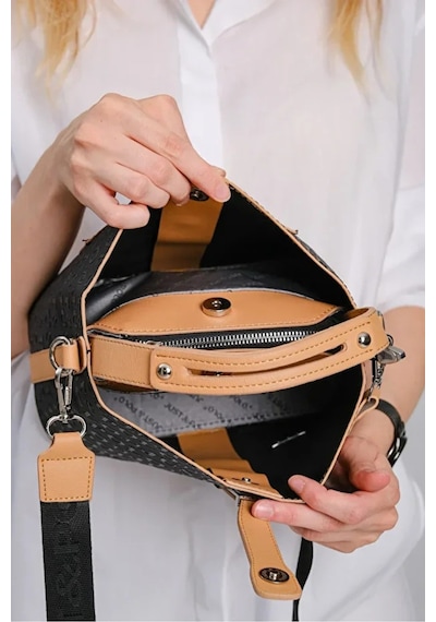 Just Polo Kadın Su Geçirmez Şık El & Omuz Çantası Ve Cüzdanı Kombin Shopper Siyah - Taba