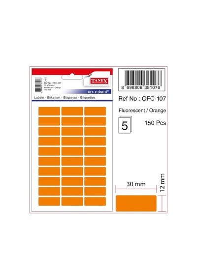 Tanex Ofis Etiketi Poşetli 12x30 MM Fosforlu Turuncu 5 sayfa 150 Etiket