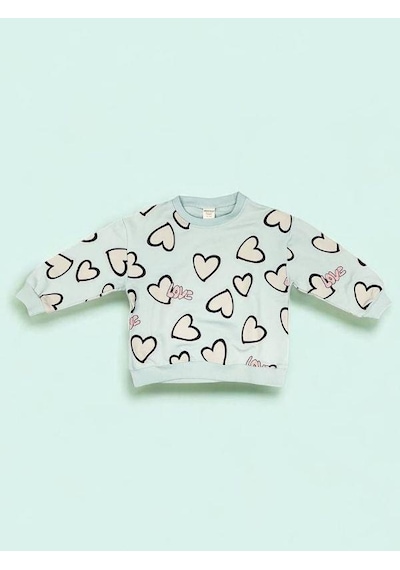 Kız Çocuk Kalp Detaylı Pamuklu Sweatshirt-15169 Mint