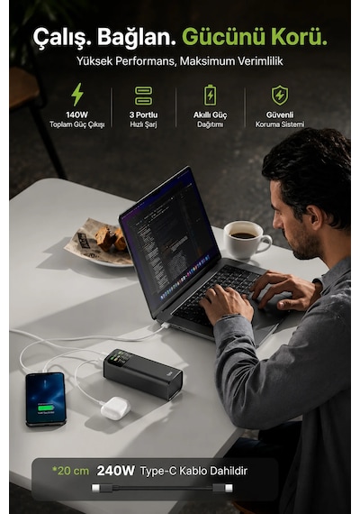 Exenar - Siyah - 24000mah 200w Powerbank 140w Usb-c Çıkış Dijital Ekran 3 Port Laptop Telefon Taşınabilir Şarj Cihazı