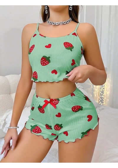 Findit Kadın Yeşil Çilek Desenli Şortlu Pijama Takımı 5060 Yeşil