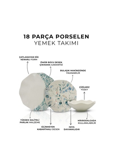 Blue Leafed 18 Parça 6 Kişilik Porselen Yemek Takımı -pasta , Çorba ,yemek , Servis Tabağı