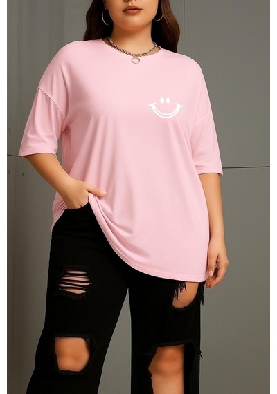 Büyük Beden Gülücük Baskılı Unisex Tişört Pembe