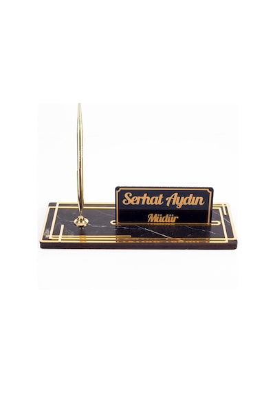 Space Gold Kalemli Ahşap Masa İsimliği Mermer Desenli Hediye Ofis Dekoratif Masa Üstü İsimlik