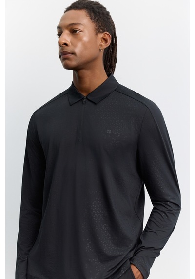 Avva Erkek Siyah Polo Yaka Düğmeli Teknik Kumaş Uzun Kol Basic Regular Fit T-shirt A62y1015