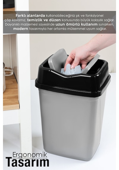 Çift Kapaklı Plastik Çöp Kovası - Ev Ofis Banyo Mutfak Çöp Kovası Gri 20 Litre Gri