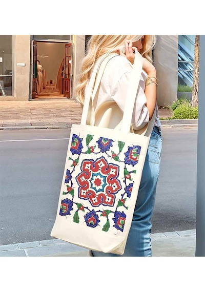 Türk El Sanatları İç Cepli Körüklü Örgü Kulplu Kanvas Çanta 35x40x10 Cm - No.03 Beyaz - Siyah