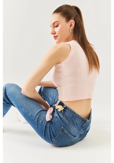Butikgiz Kadın Sıfır Kol Bisiklet Yaka Vücuda Oturan %100 Pamuklu Kaşkorse Esnek Crop Bluz Pudra