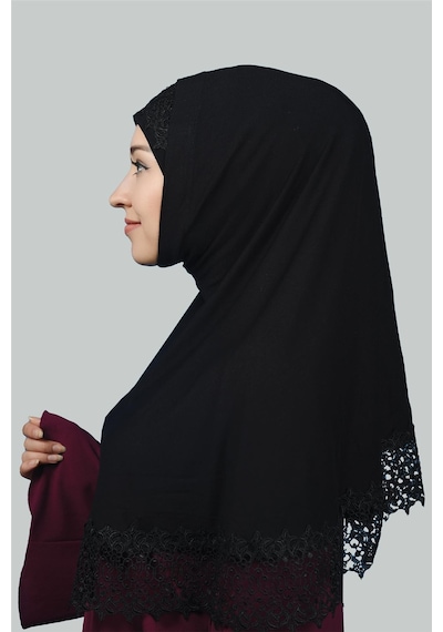 Altobeh İkili Set Dantelli Pratik Eşarp Hazır Hijab ve Tesettür Bonesi XL - Siyah