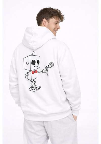 Robot Baskılı Sevgili Kombini Oversize Hoodie Seti Kadın Erkek Un Beyaz