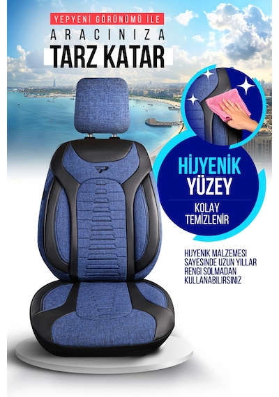 Mavi - Siyah Panda Bakü Serısı Keten Kumaş Oto Koltuk Kılıfı - Tam Set