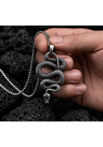 Paslanmaz Çelik Antik Gümüş Renk Gotik Stil Mistik Snake Yılan Kolye