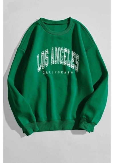 Los Angeles California Sweatshirt - Nefti Yeşil Baskılı Oversize Kışlık Kalın Bisiklet Yala Nefti Yeşil