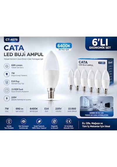Cata Ct-4079 6 Lı Set Led Buji Ampul 7w E14 6400k Beyaz Işık 680 Lümen Enerji Tasarruflu Avize Ampulü