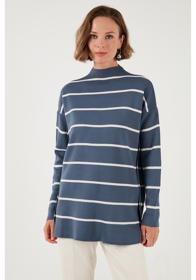 Lela Çizgili Dik Yaka Onesize Triko Bayan Kazak 4615197Y Indigo-Krem