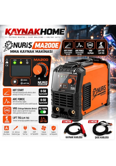 Nuriş Ma200e İnverter Kaynak Makinesi + El Kaynak Maskesi + 100lü 2,5x350mm Rutil Elektrod
