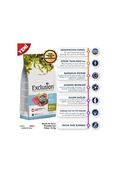 Exclusion Monoprotein Düşük Tahıllı Ton Balıklı ve Narlı Büyük Irk Yavru Köpek Maması 12 KG